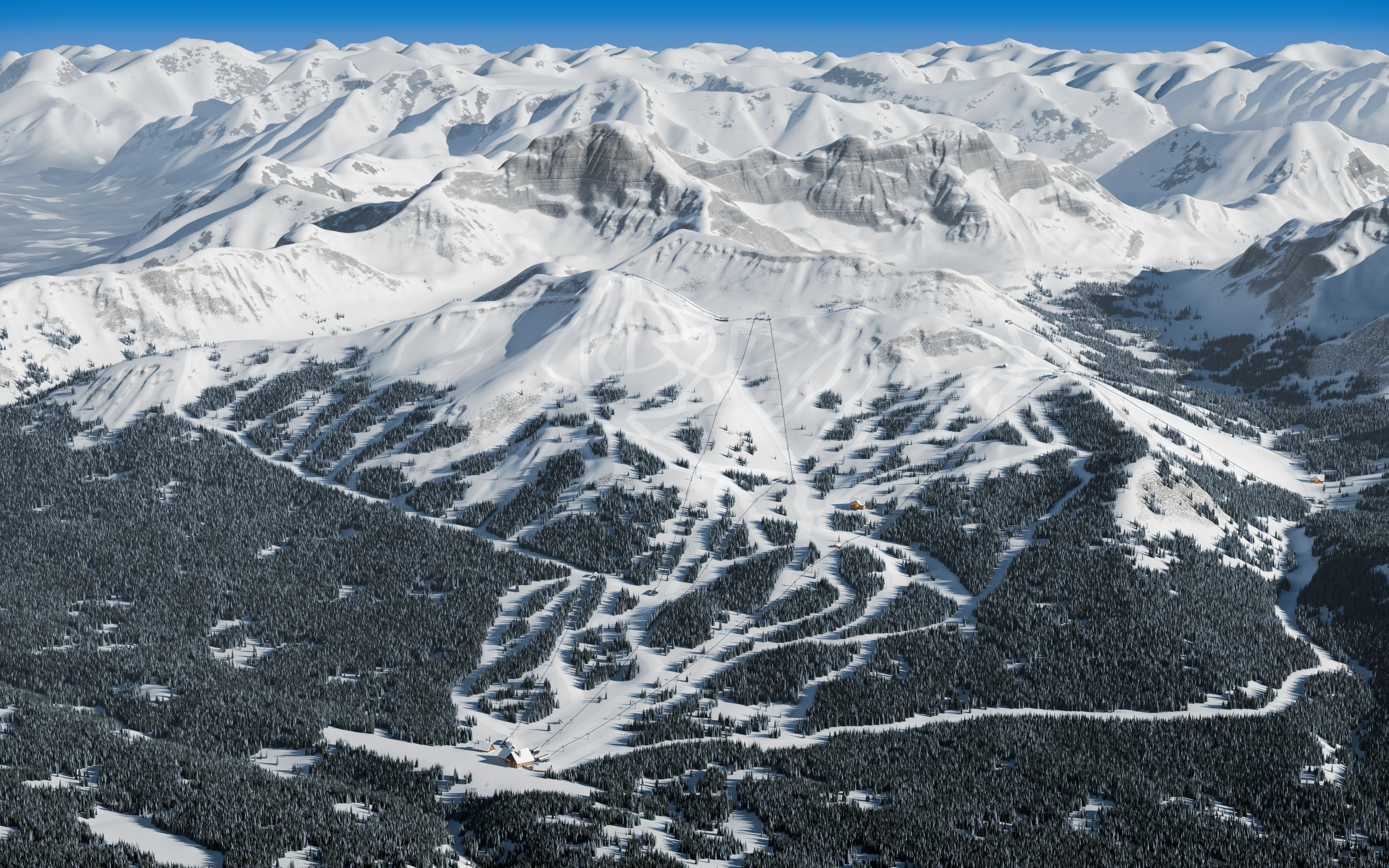 Snowy mountain terrain rendered in Blender. The overlaid runs and routes are a concept.
